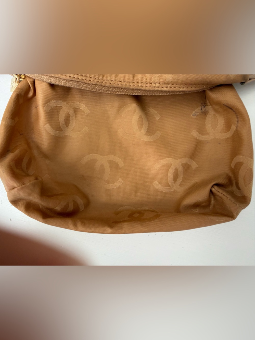 CHANEL Gold-Beige Nylon CC Logo Cosmetic Pouch - Picture 8 of 16